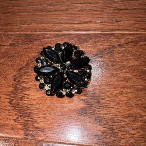 Vintage Mourning Brooch Black Jeweled Flower Enamel Floral Estate Jewelry Pin